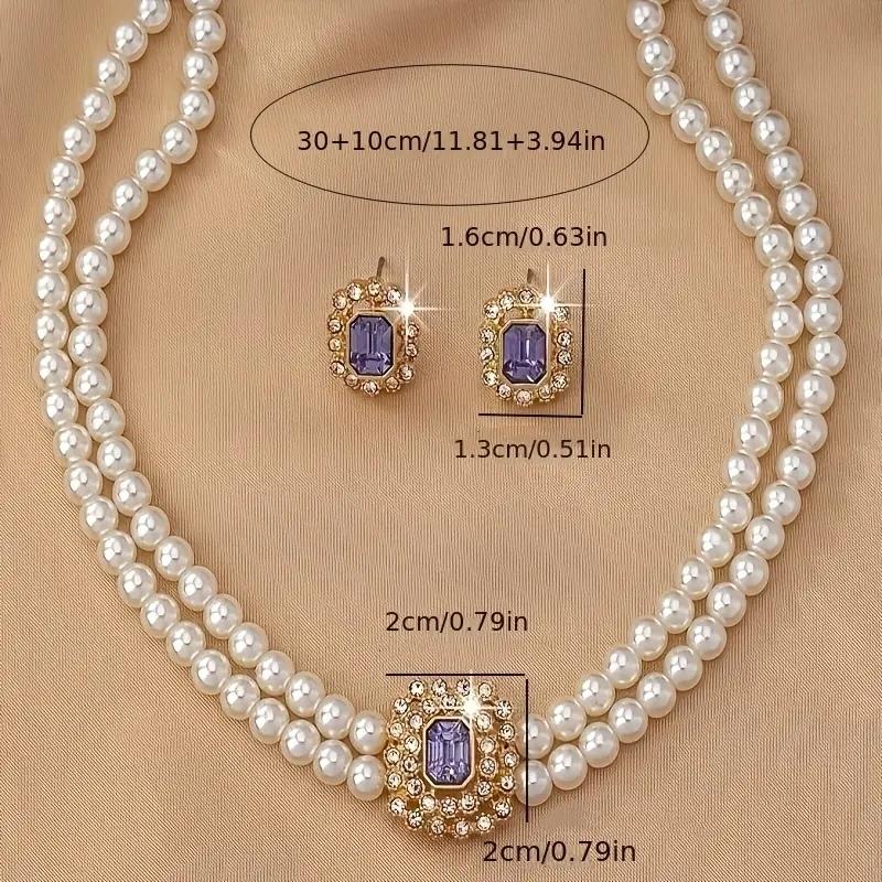 Mor%20Taşlı%20Çift%20Sıra%20İnci%20Kolye%20ve%20Küpe