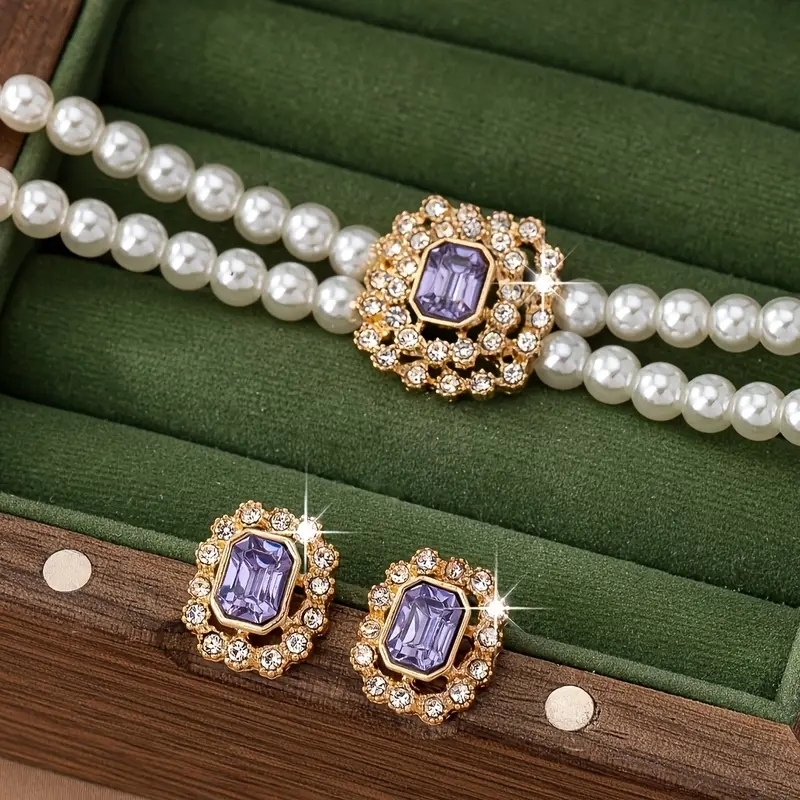 Mor%20Taşlı%20Çift%20Sıra%20İnci%20Kolye%20ve%20Küpe