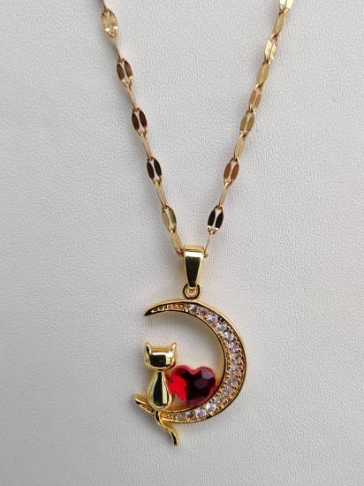 Kedi Figürlü Kalpli Hilal Çelik Kolye