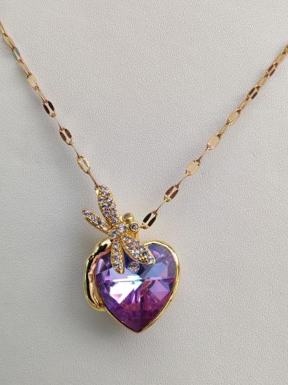 Zirkon Taşlı Kelebek Mor Kalp Çelik Kolye