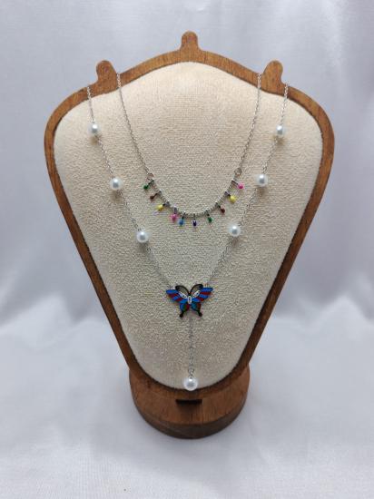 İki Sıra Kelebek Detay Çelik Kolye