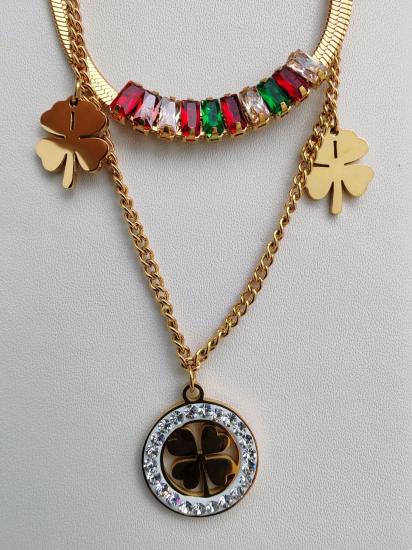 Renkli Taşlı Yoncalı İki Sıra Çelik Kolye