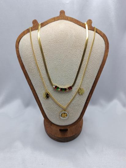 Renkli Taşlı Yoncalı İki Sıra Çelik Kolye