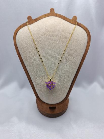 Zirkon Taşlı Mor Damlacık Kalp Çelik Kolye