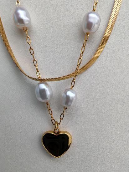 İnci Detay Kalp Uçlu İki Sıra Çelik Kolye