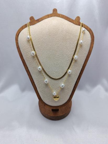 İnci Detay Kalp Uçlu İki Sıra Çelik Kolye