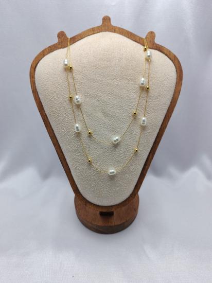 İki Sıra Dorika Zincir İncili Çelik Kolye