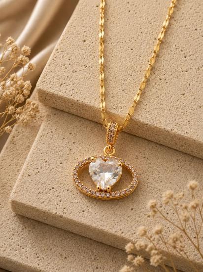 Kristal Kalp Oval Çelik Kolye