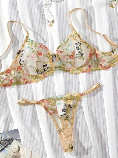 Seksi Yarı Şeffaf İç Çamaşırı Seti Çiçek Nakışlı