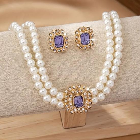 Mor Taşlı Çift Sıra İnci Kolye ve Küpe