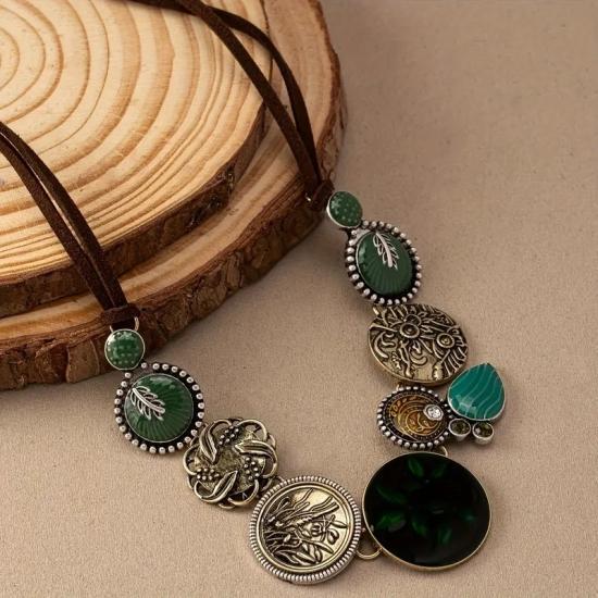 Bohem Şık Vintage Çiçek ve Çim Dokulu Kolye